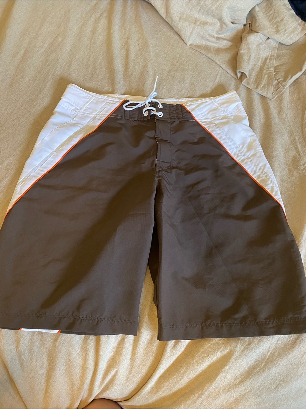 Nike Brown and White Swim Board Shorts with Orange Trim vintage style L